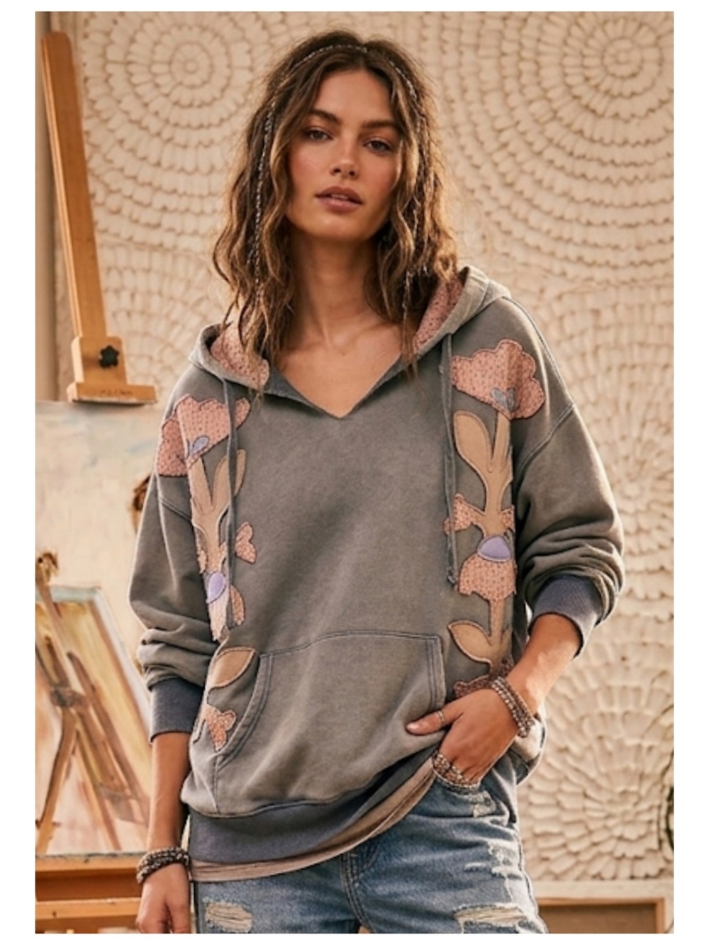 Women's Pullover Hoodie with Pink Floral Appliqué Soft